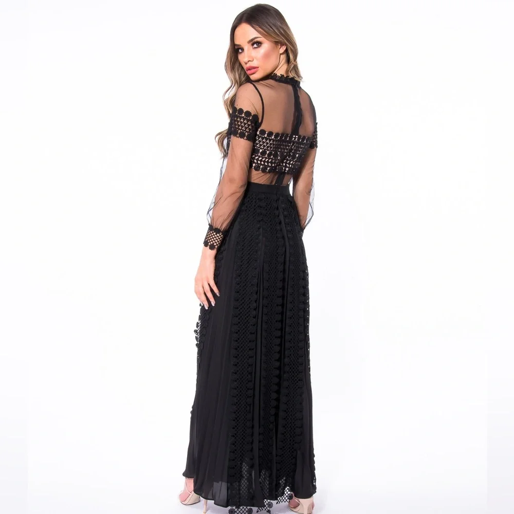 Elegant Black Lace Dress with Sheer Long Sleeves - Picture 2 of 2